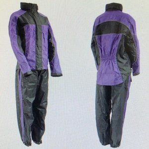 XELEMENT Women's XS Black and Purple 2-Piece Motorcycle Rain Suit Jacket Pants